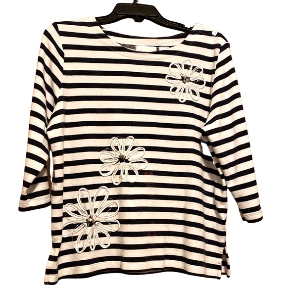 Alfred Dunner Striped Black and White Top with Floral Accents - Picture 1 of 3